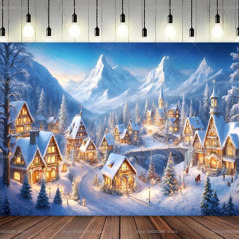 Winter Weihnachtsdorf Hintergrund Heimdekoration Fotostudio Hintergrund Neujahr Schneestadt Berge Hintergrund