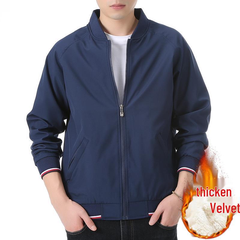 Men's Plus Size Raglan Sleeve Baseball Jacket - Stand Collar, Velvet Lined for Spring, Autumn, and Winter. Casual Business Style Outerwear.