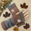 Gants en tricot sans doigts avec broderie de chat et patchwork, Gants décontractés ouverts aux doigts tendance pour femme, Mitaines chaudes d'hiver sans doigts