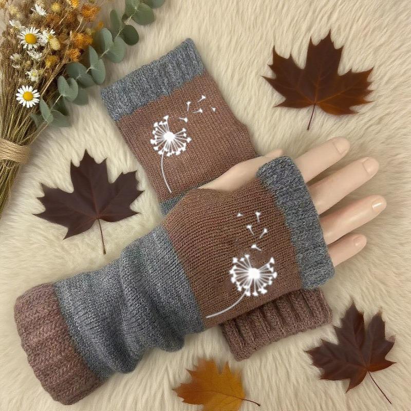 Gants en tricot sans doigts avec broderie de chat et patchwork, Gants décontractés ouverts aux doigts tendance pour femme, Mitaines chaudes d'hiver sans doigts