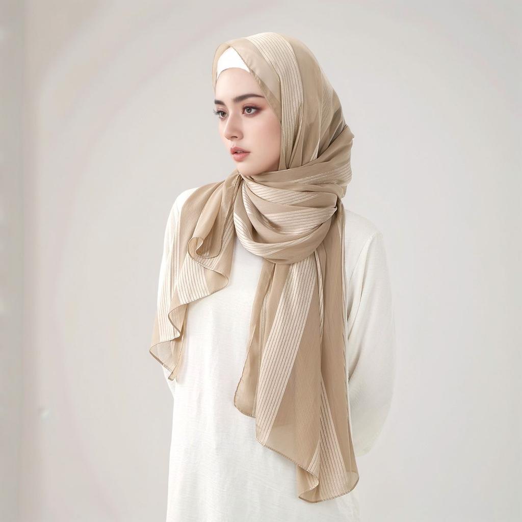 Muslim Pleated Chiffon Hijab Bright Striped Silk Long Scarf For Women Scarves Bandana Headband Headscarf Shawl Woman Turban