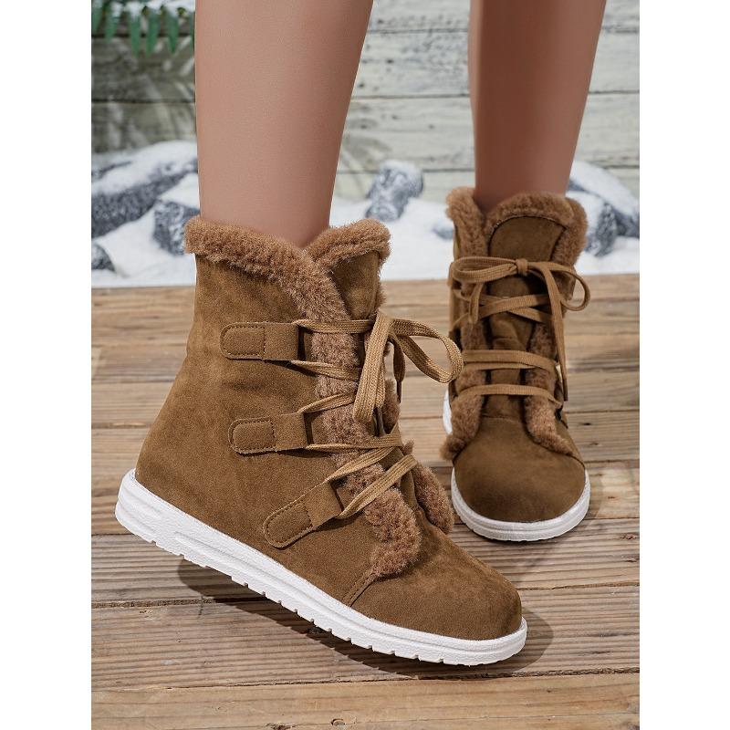 2025 Winter New Lace-up Warm Cotton Shoes Women's Flat Fleece Thickened Plus Size Snow Boots