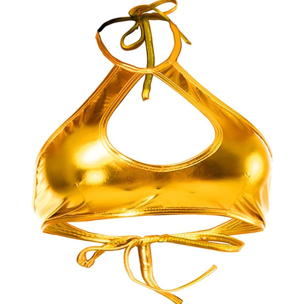 Shiny Metallic Rave Tops for Women Sexy Wet Look Leather Bra Halter Strap Outfit Crop Tops