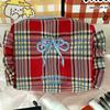 Plaid Makeup Bag Pleated Toiletry Bag Aesthetic Makeup Storage Bag Large Capacity Embroidered Bow Cosmetic Bag for Women Girls