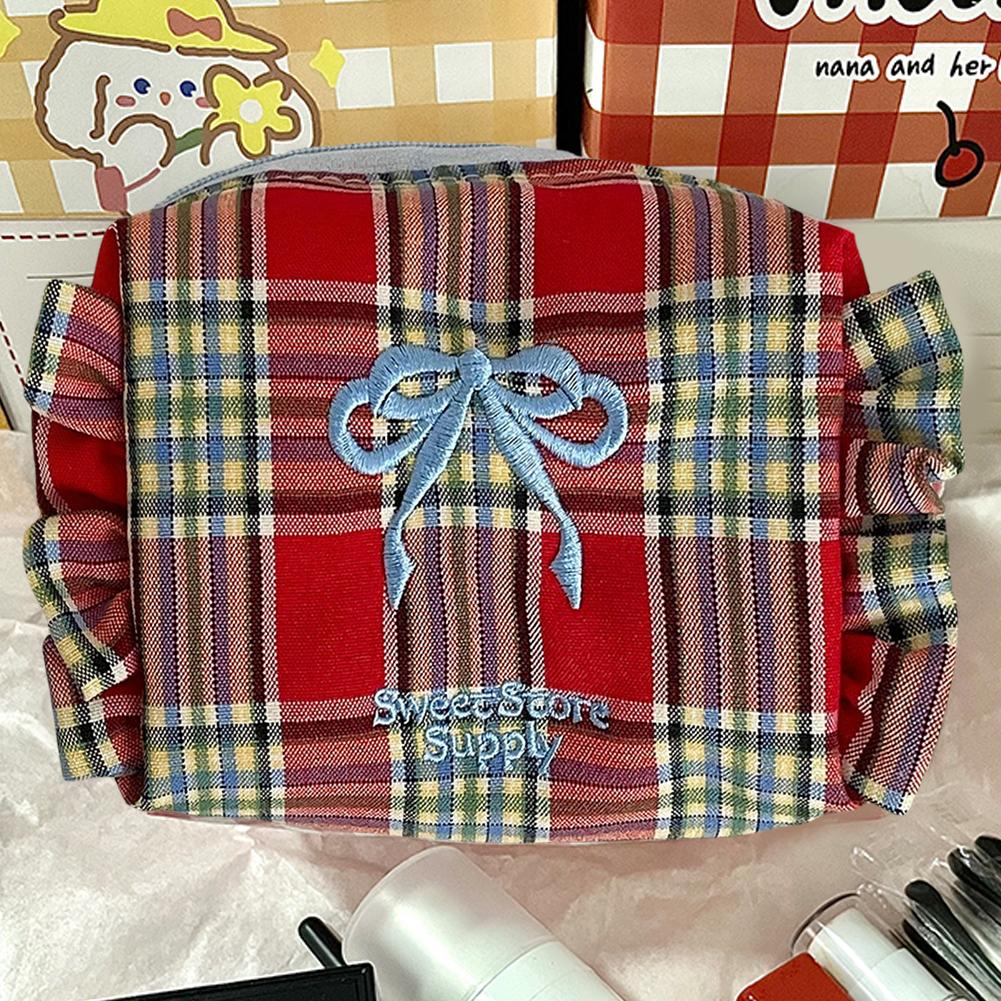 Plaid Makeup Bag Pleated Toiletry Bag Aesthetic Makeup Storage Bag Large Capacity Embroidered Bow Cosmetic Bag for Women Girls