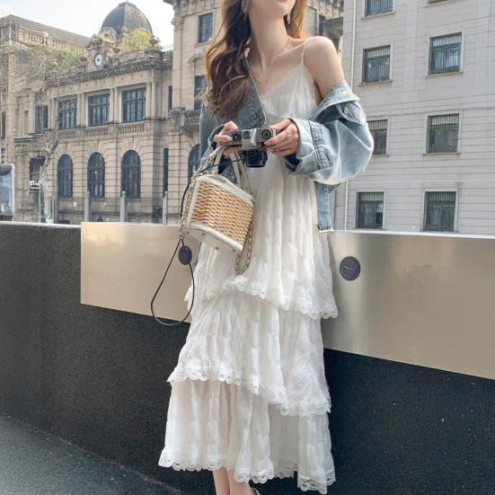 Women Sling Dress V-Neck Sleeveless Multi Layer Lace Splicing Design Maxi Dress Solid Color
