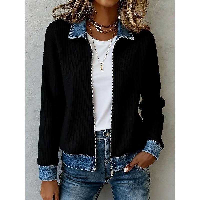 Women S Long Sleeve Knit Denim Patchwork Cardigan Coat Casual
