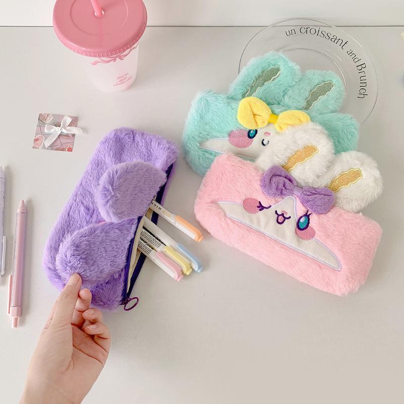 Kawaii Cartoon Plush Rabbit Pen Bag High-Capacity Multi-Function Stationery Case Cute Storage Bag For Student School Supplies