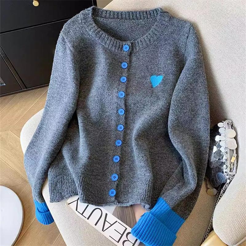 

Lazy wind embroidered knitted cardigan women s autumn and winter new round neck bottoming soft waxy contrasting color sweater jacket top one size fits all
