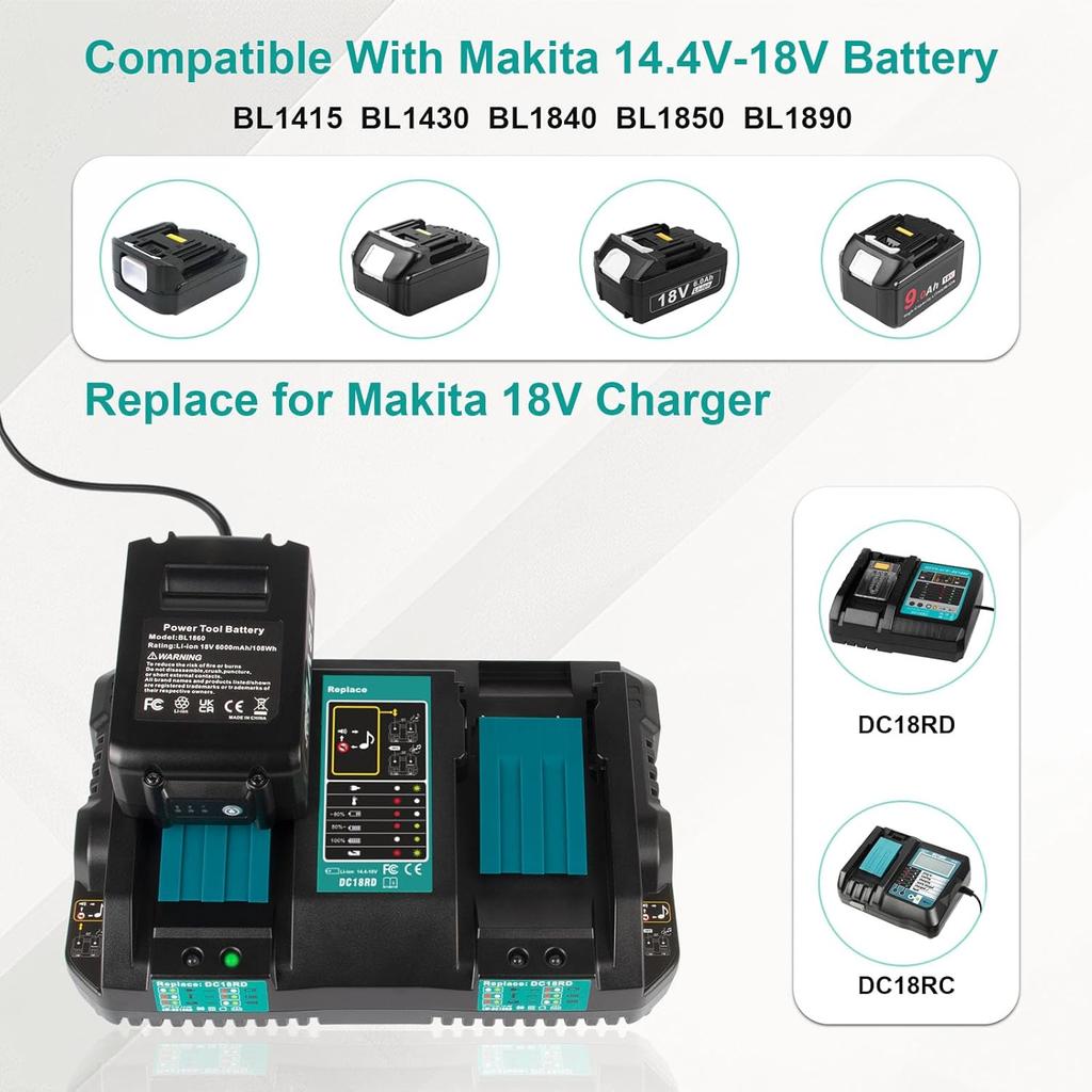 DC18RD 14.4V-18V Replace Charger for Makita 18V Charger, Dual Ports Rapid Charger Compatible with Makita 14.4V-18V Charger DC18RC DC18SF DC18RT &