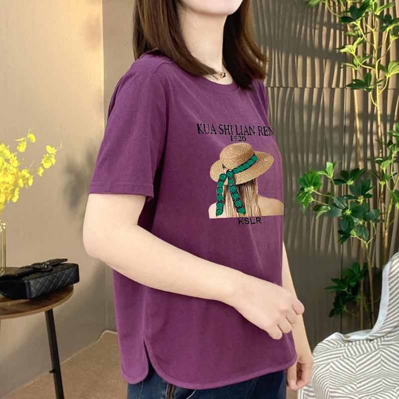 

Women s Plus Size Printed Round Neck Short Sleeve T-shirt - Loose, Belly Covering, Slimming, Versatile Mom Top 2XL