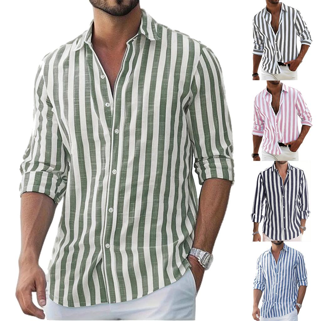 Men's Casual And Trendy Striped Shirt, Long-sleeved Top, Men's Lapel Button Cotton Shirt