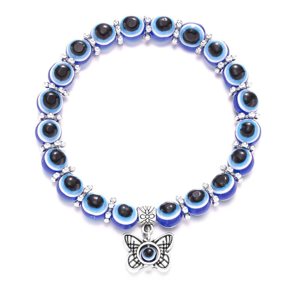 Turkish Lucky Evil Eye Bracelets for Men Women Blue Evil Eye Palm Butterfly Pendant Beads Bracelet Bangle Handmade Charm Jewelry