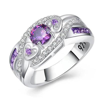 Purple Diamond Heart Ring - Elegant Four-Claw Wedding Jewelry for Women, European and American Style