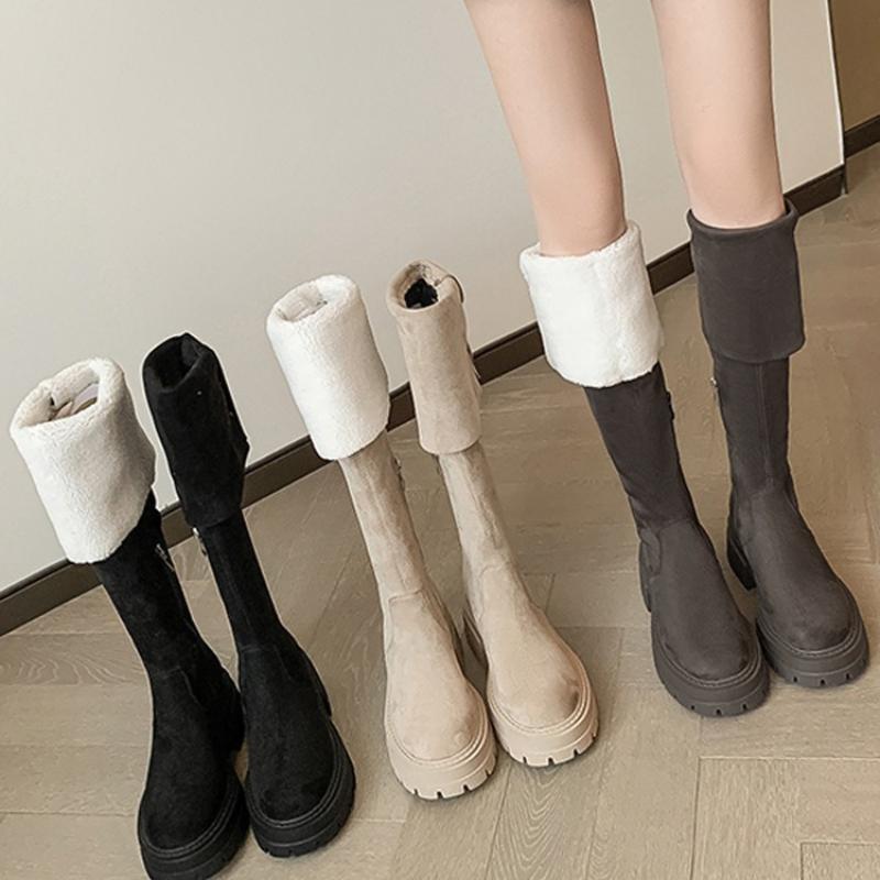Fashion Women Mid Heels Over The Knee Suede Chelsea Boots New Platform Designer Luxury Shoes Goth Brand Walking Gladiator Mujer Botas