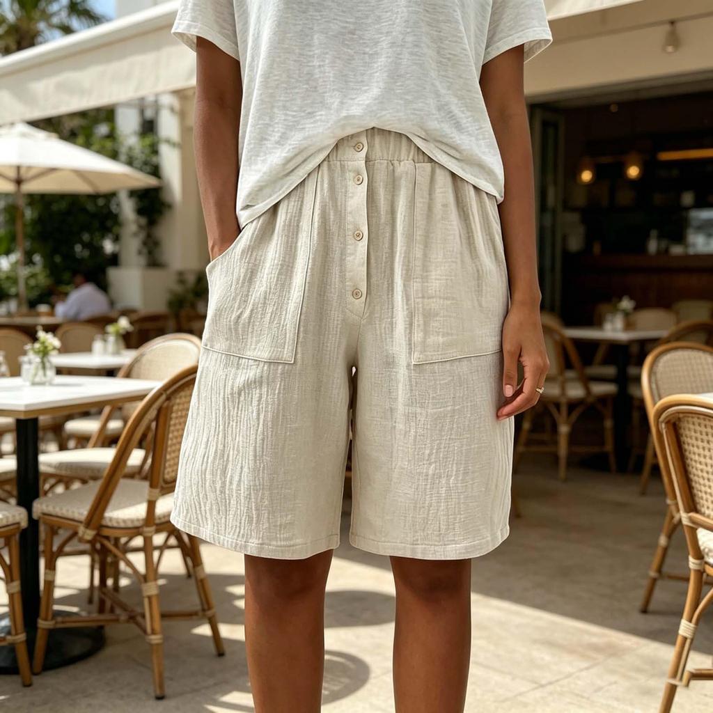 Women's Casual Loose Fit Color Mid-Length Shorts with Elastic Waistband and Button Pockets