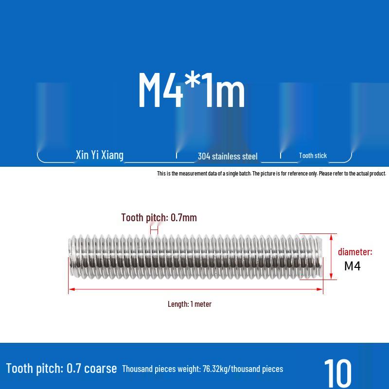 304 Stainless Steel Full Threaded Rod, 1 Meter, available in sizes M3, M6, M8, M10, M12.