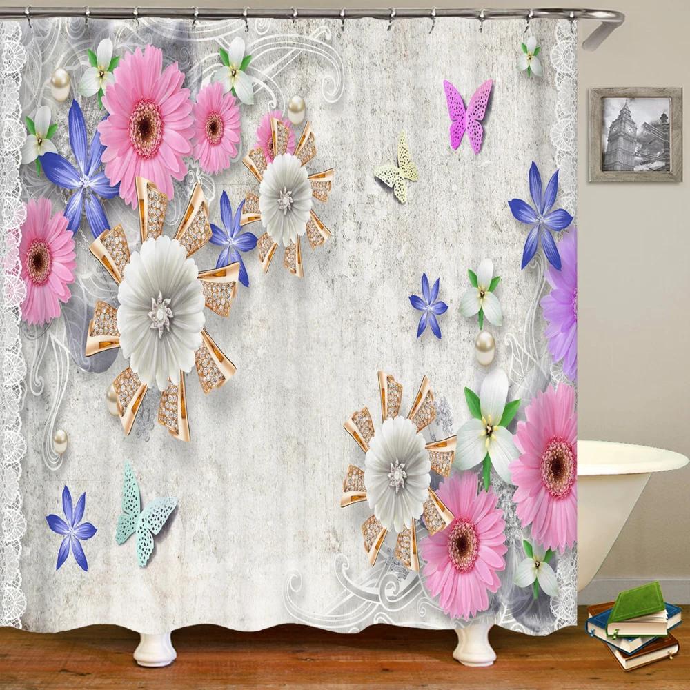 

3D European Beautiful Flower Printing Shower Curtain Waterproof Polyester Bathroom Curtains Home Decor Bath Curtain with Hooks W90xH180cm