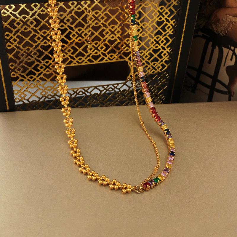 Copper-Plated Gold & Zircon Dazzling Choker Necklace - Elegant Color Block Design for a Luxurious Look.