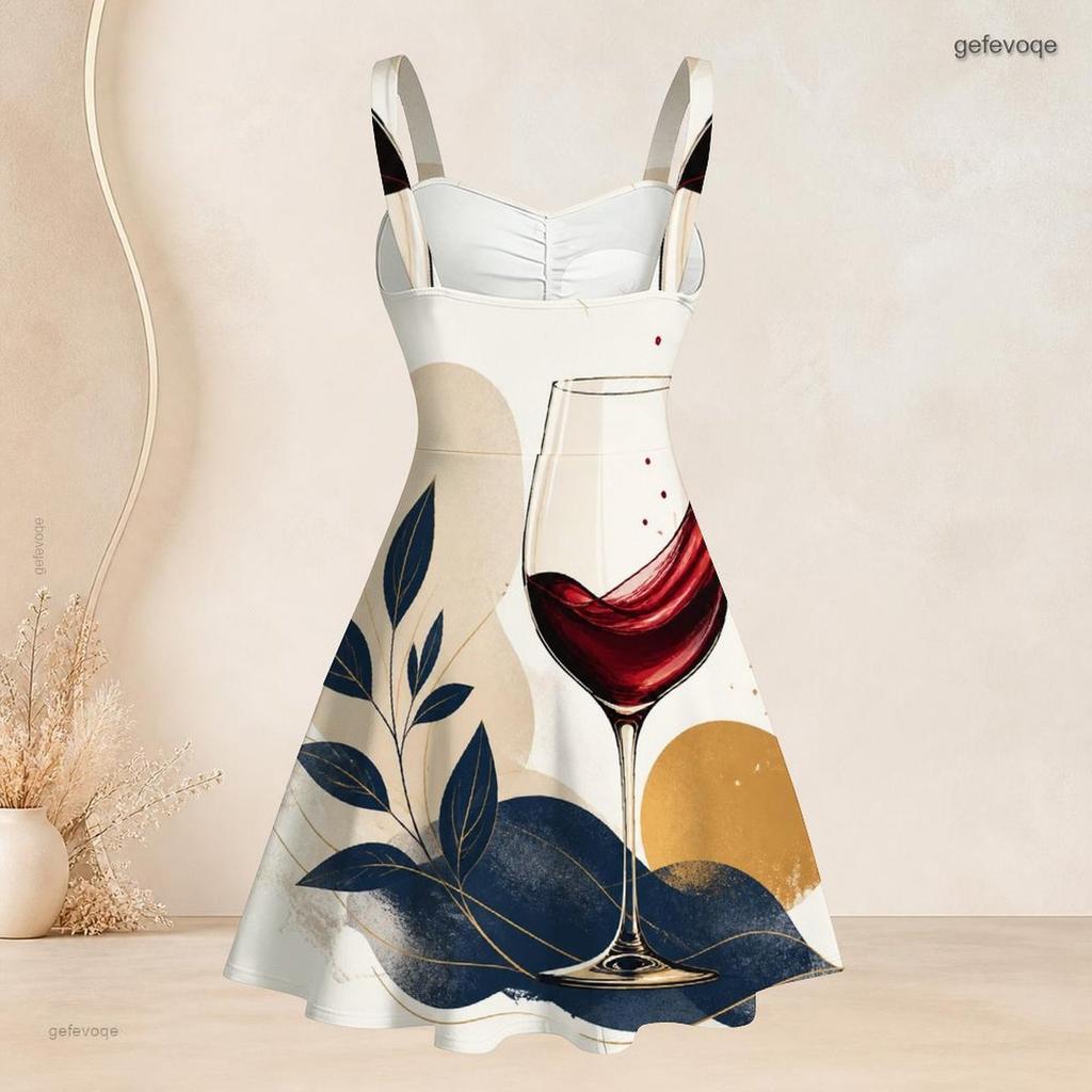 Women Plus Size Spaghetti Strap Off Shoulder Dress Heart Electrocardiogram Botanical Art Print Swing Dress