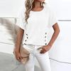 Women's Short Sleeve Pullover Top Crew Neck Knit Blouse Casual Lightweight Button Detail Loose Fit Shirt for Everyday Wear