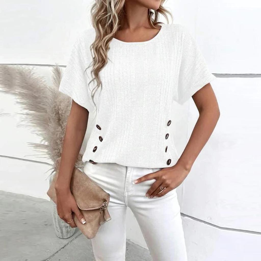 Women's Short Sleeve Pullover Top Crew Neck Knit Blouse Casual Lightweight Button Detail Loose Fit Shirt for Everyday Wear