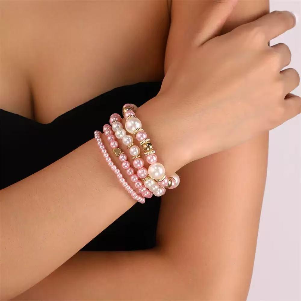 

Heart Pearl & Beaded 4-Piece Bracelet Set for Women рожевий