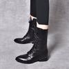 Pointed Leather Boots Women's Medium Boots 2025 Autumn and Winter New Black Embossed Cowhide Thick Heel Lace-up Fashion Boots High Heels Boots