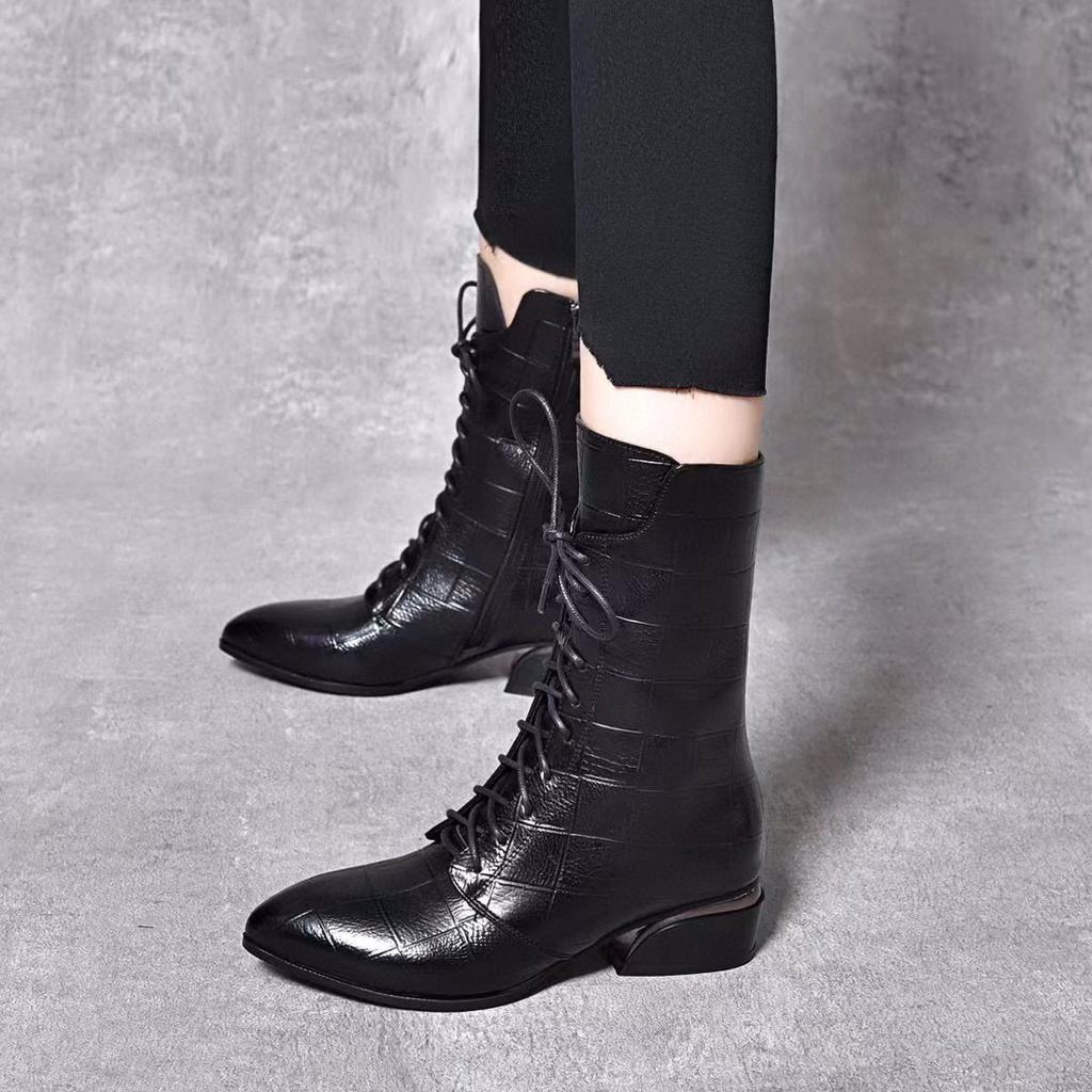 Pointed Leather Boots Women's Medium Boots 2025 Autumn and Winter New Black Embossed Cowhide Thick Heel Lace-up Fashion Boots High Heels Boots