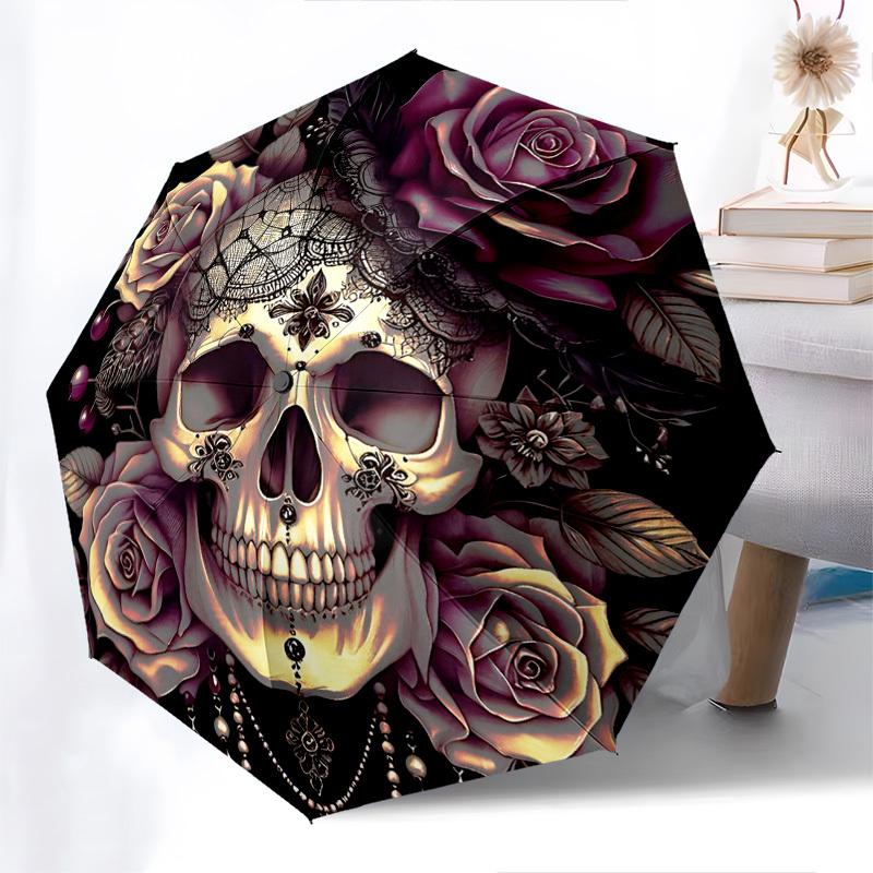 Skull,Roses Automatic Folding Umbrella Compact 8 rib Design,Unique Style,Suitable for Everyday Outdoor Use,Perfect Gift for Friends an