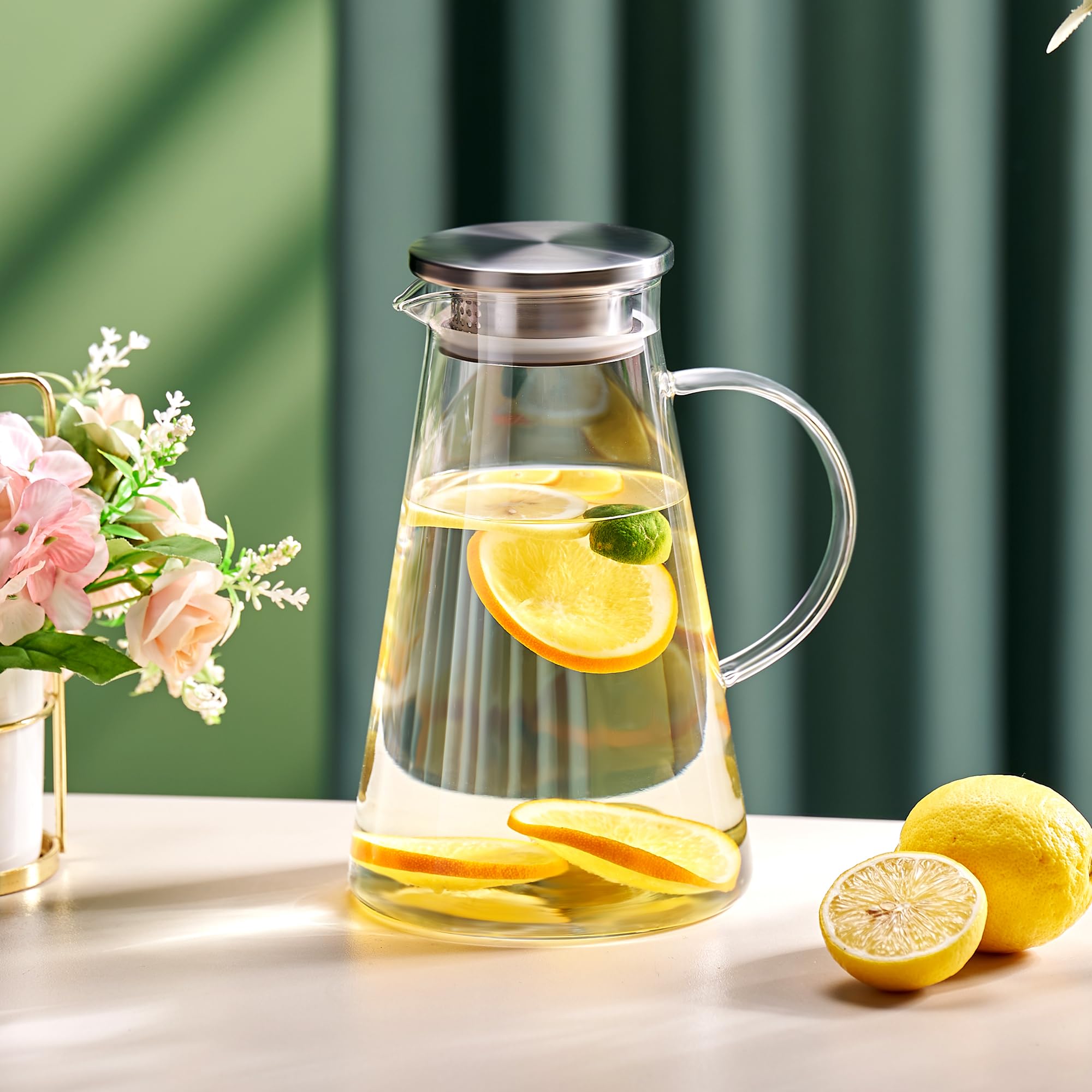 GIANXI Glass Cold Water Large Easy to for Barley Cold and Black Scandinavian Design Teapot, 1800ml, Pot, Heat-Resistant Glass, Capacity, Clean, Tea,