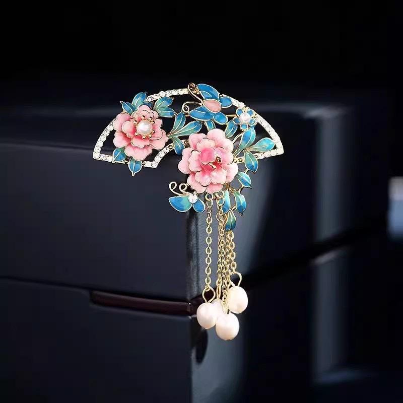 Chinese Style Pink Peony Flower Brooch For Women Elegant Fan Zircon Leaf Long Tassel Enamel Pins Corsage Party Corsage Jewelry