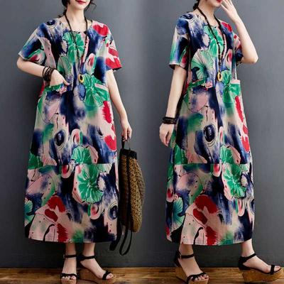 Women's Summer Floral Round Neck Short Sleeved Dress In Various Colors, Long Skirt
