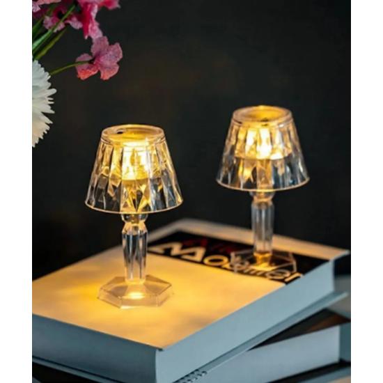 2'li Kristal Elmas Led Masa Lambası Pilli Projeksiyon Mini Şeffaf Abajur Küçük Boy 12 Cm