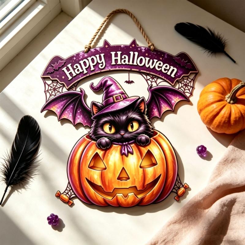 Seasonal Halloween Door Sign Wood Wall Plaque with Rope Cord, Greeting Accent for Entryway Porch Window and Party Display Styling Use