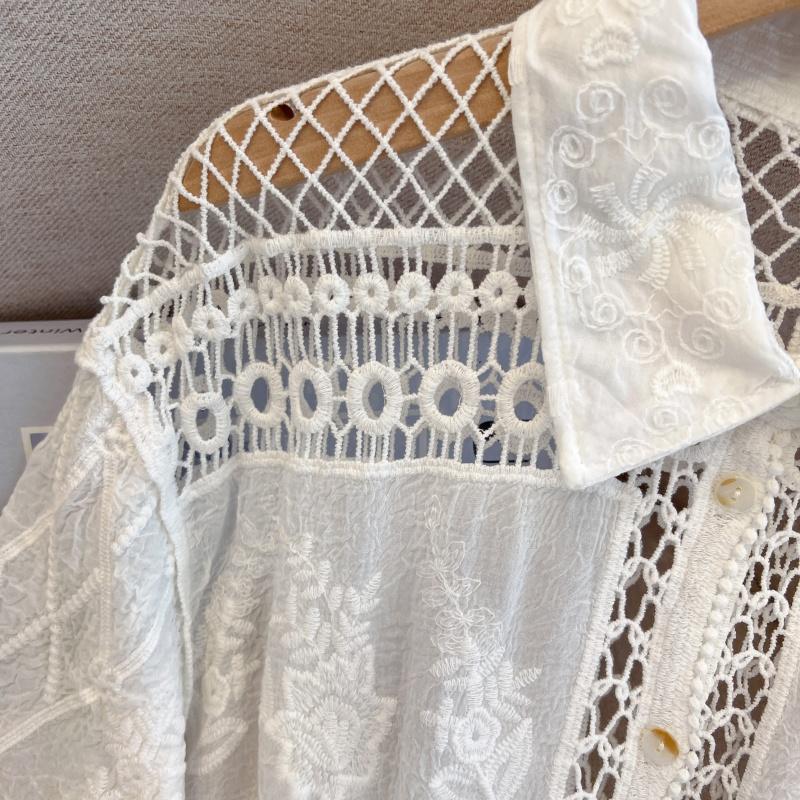 Dimanaf 2025 Nouveau Été Chemise à Boutons Femmes Blouse en Dentelle Broderie Manches Courtes Hauts T-shirts Mode Décontracté Ample