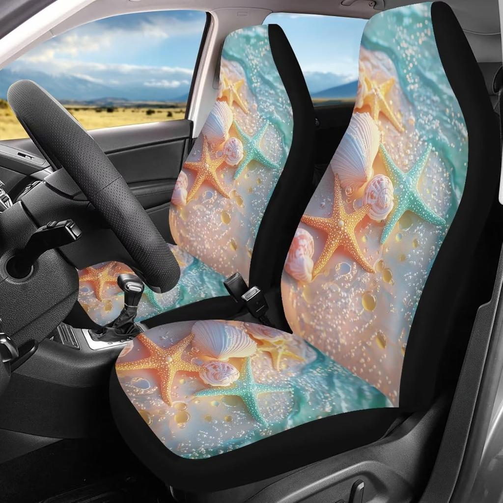 Bulopur Multicolor Polyester Universal Fit Car Truck SUV Van Automotive Seat Covers, 2pcs Front, Hibiscus Floral & Sea Turtle Print