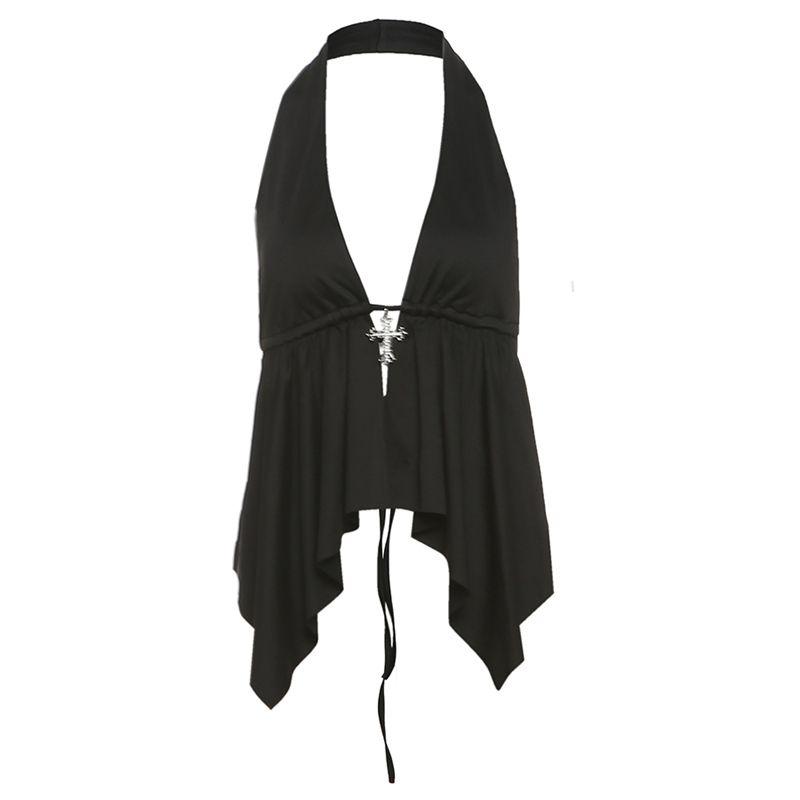 

# Sisjuly# Темная девушка-пионерка Сексуальный Сексуальный Нишевый дизайн Халтер Без спины Топы-слинги Женская мода Black S