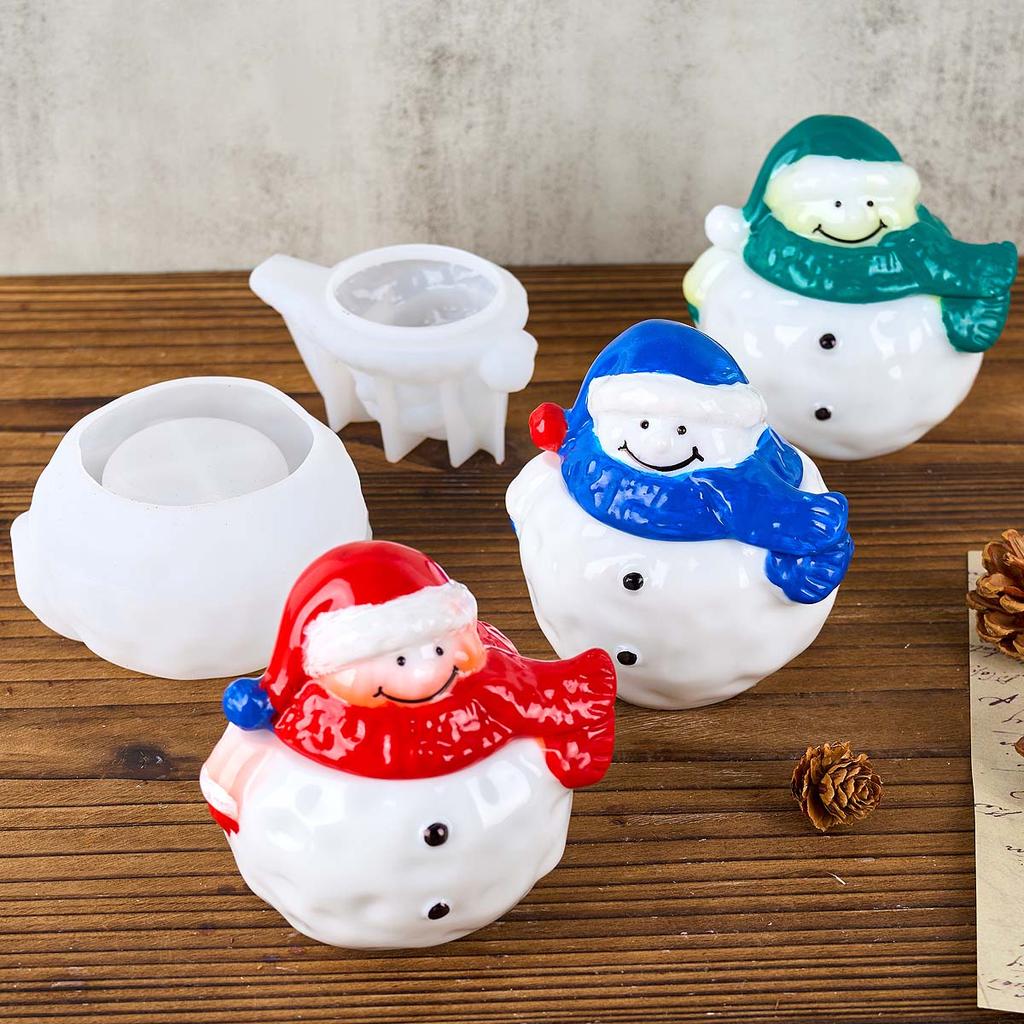 3D Snowman Candle Jar Silicone Mold DIY with Lid Christma Ornament Plaster Molds Concrete Resin Storage Box Craft Making Home De