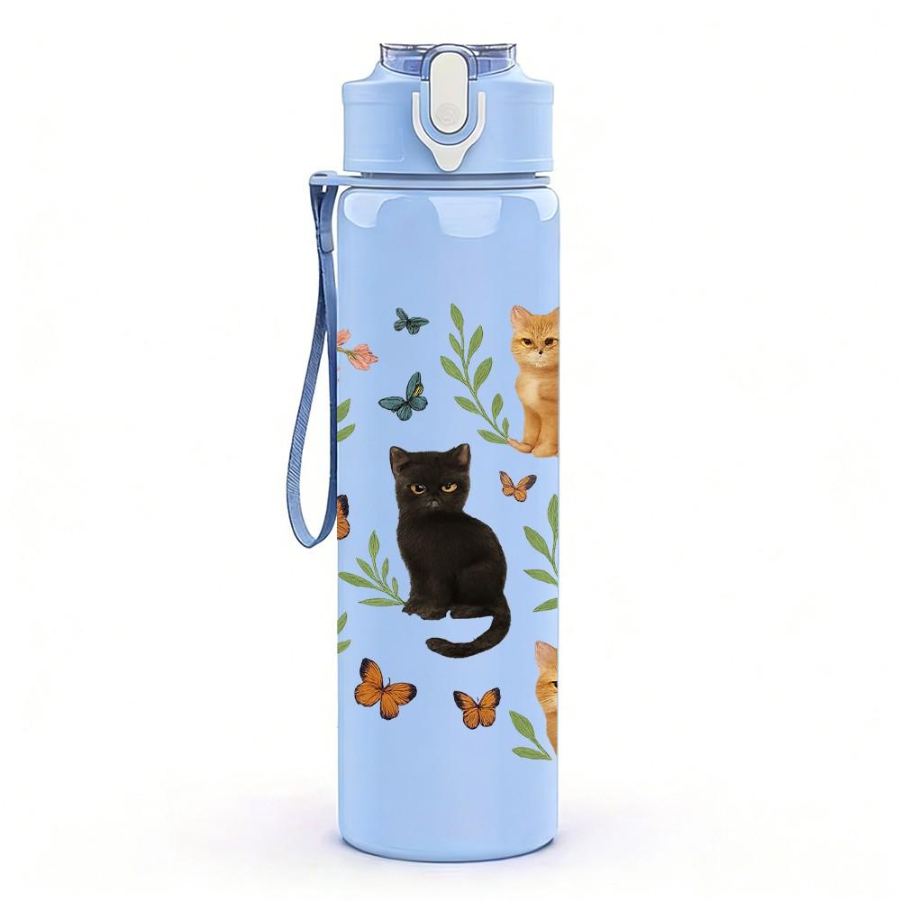 1PC Mixed Breed Cats Floral Grid 750ml Color Plastic Sports Water Bottle Leakproof Flip Straw Lid For Sports Office Home Use
