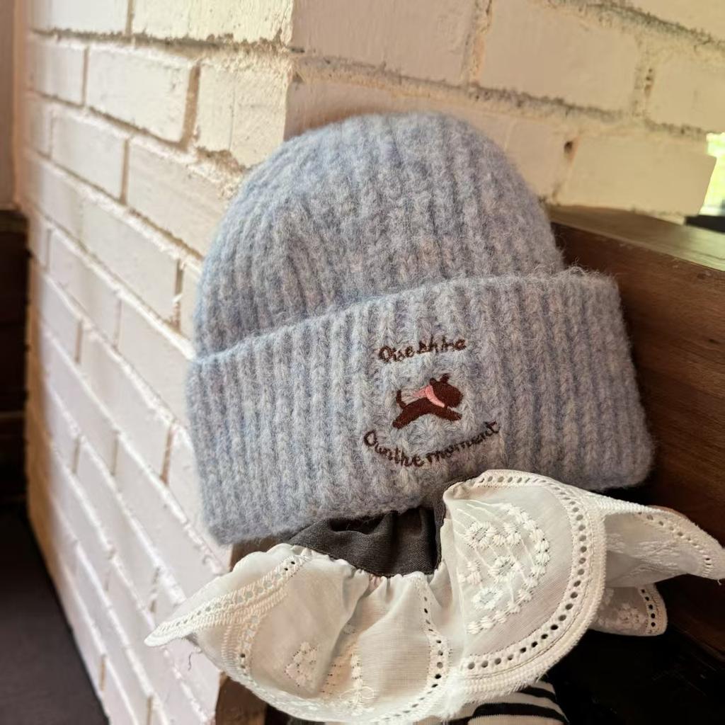 Cute Puppy Schnauzer Embroidered Knitted Wool Hat Women's New Autumn and Winter Face Small Versatile Big Head Circumference Hat