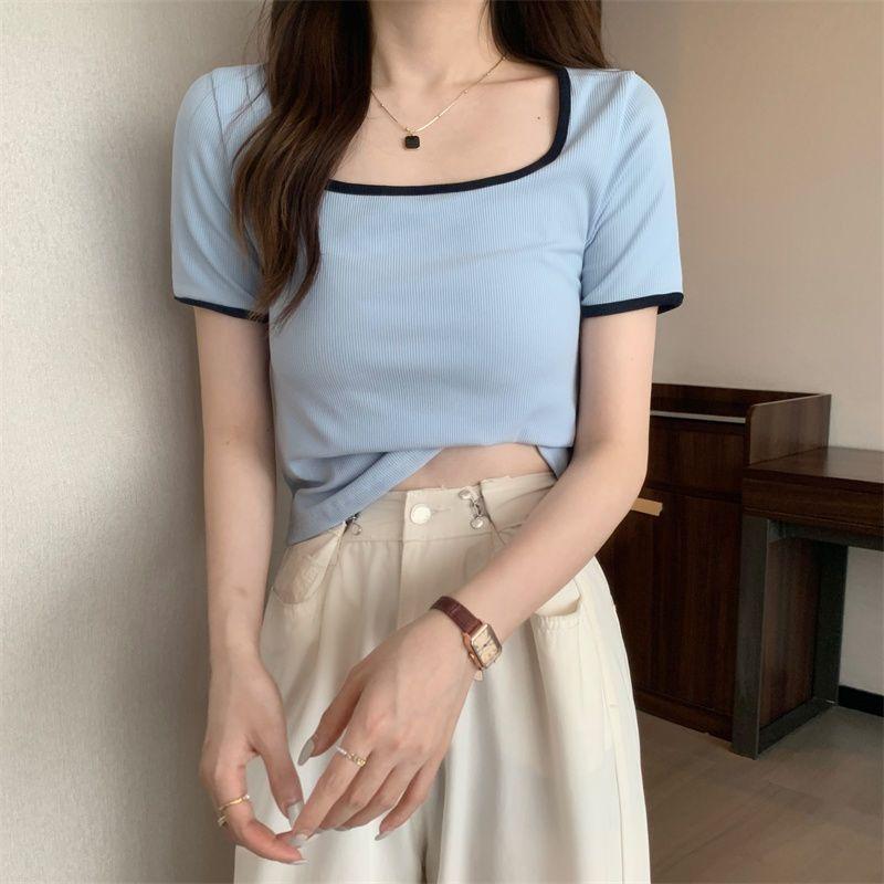 Dámské triko s krátkým rukávem velké yardy k odhalení límce s čtvercovým výstřihem tenké uvnitř s krátkým rukávem