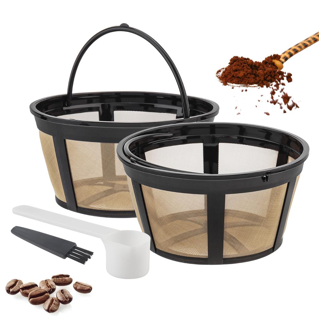 2 Pcs Reusable PP and 304 Stainless Steel Coffee Filter with Brush and Scoop, 4-6 Cups Washable Strainer