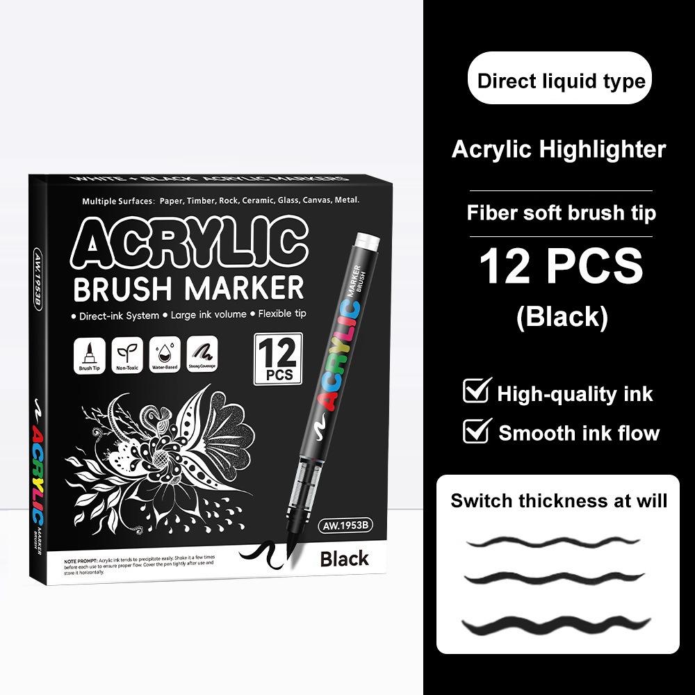 12Pcs/Box Black/White Acrylic Marker Pen Quickly Dry Waterproof Acrylic Paint Markers DIY Soft Tip Brush Tip Marker Art Drawing