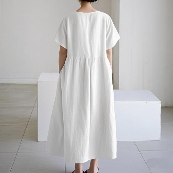 Summer Cotton Linen Dress for Women Short Sleeve Crew Neck A-linen Swing Dress Casual Loose Flowy Beach Sundress with Pockets