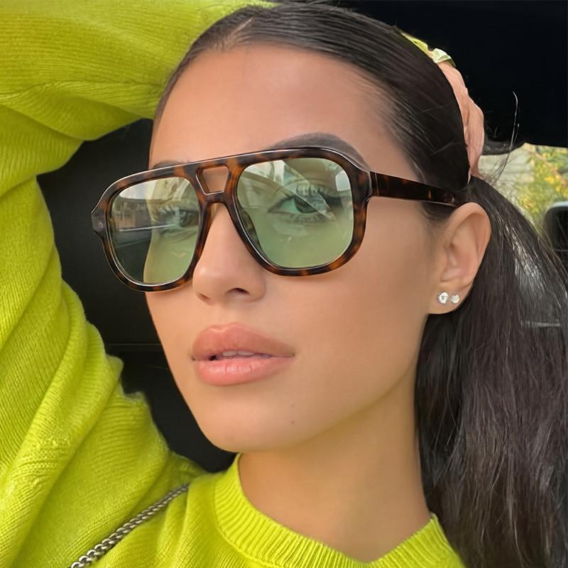 Retro Chic Oversized Square Sunglasses For Women Men Uv400 With Green Lenses And Leopard Frame
