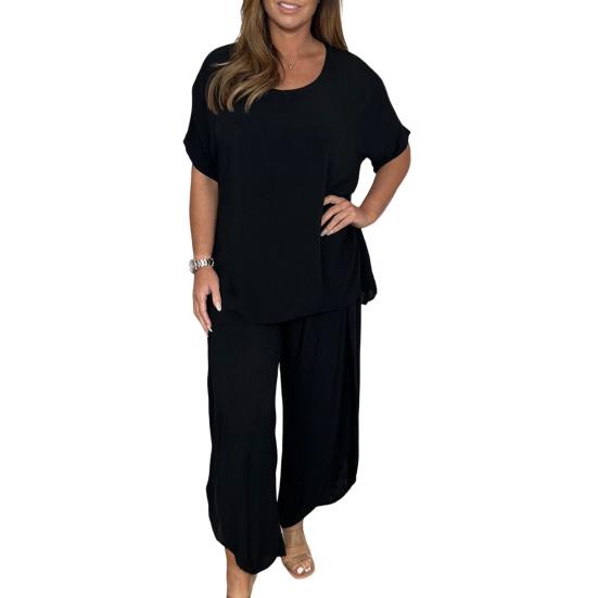 Women Top Pants Set Gradient Contrast Color O Neck Long Sleeve T-shirt Wide Leg Loose Elastic Waist Trousers Set Plus Size Lady Casual