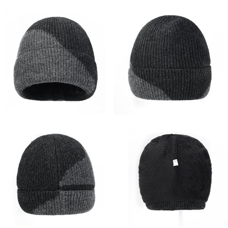 Winter Wool Hat Men Color-Matching Cashmere Knitted Hat Gloves Neck Set Three-Piece Thick Cold-Proof Cap