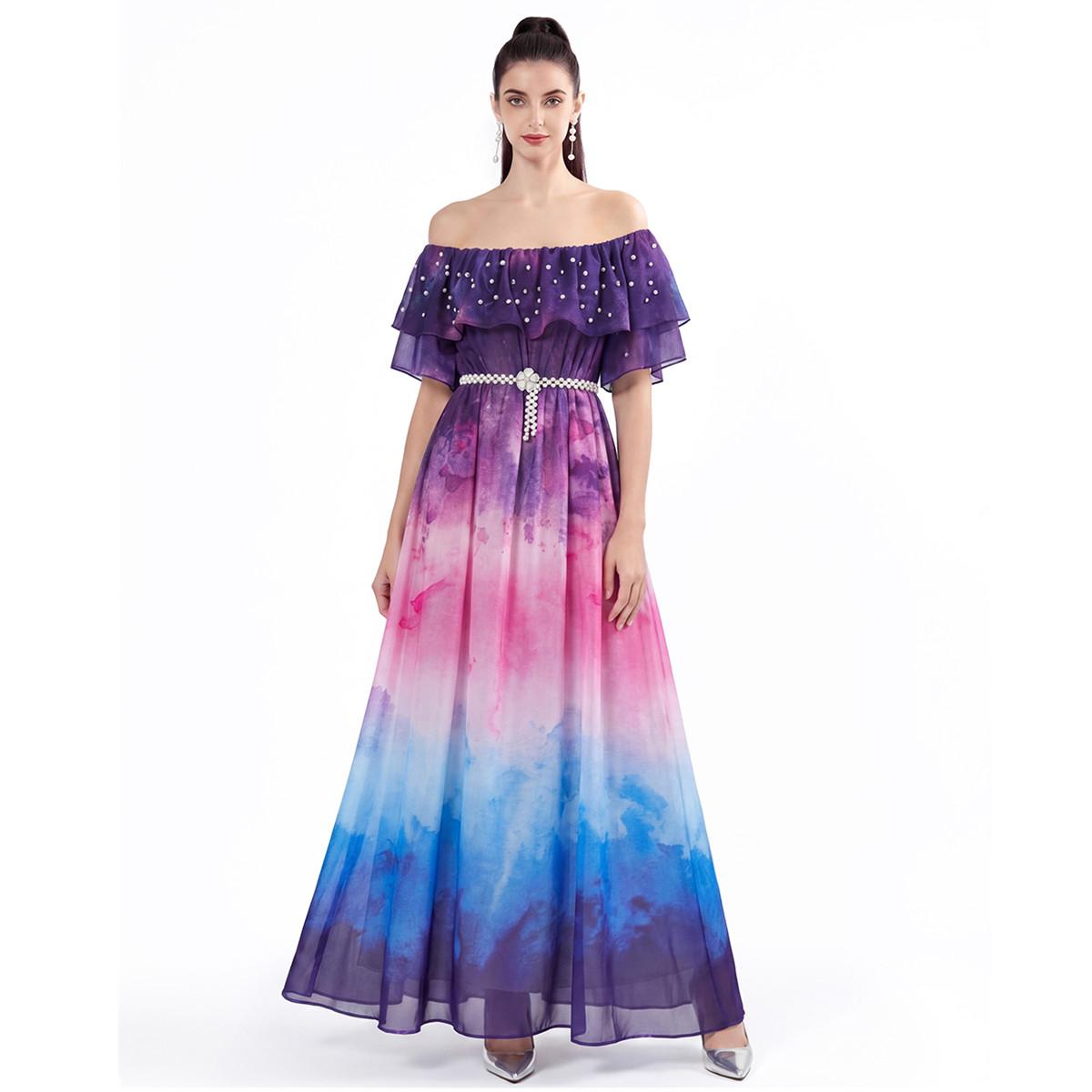 

Summer Fashion Off Shoulder Ruffles Splice Gradient Printing Long Maxi Dresses Women Bohemian Butterfly Sleeve Beaded Party Dress M фиолетовый