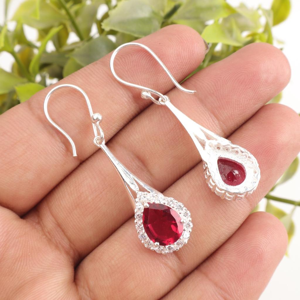 Naturlig Rosa Rubellit Ädelsten Stämplad 925 Silver Zirkon Hängande Örhängen 1,86" CZE-7-7